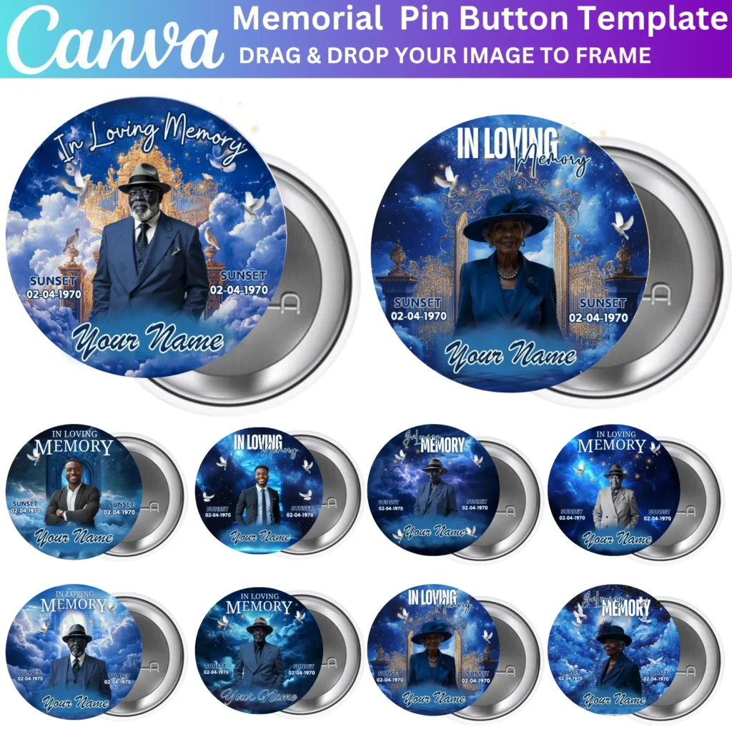 10 In Loving Memory Blue Pin Button Canva Editable Templates, Funeral Button Favors, RIP PNG Templates, Memorial Pin Button Canva Designs