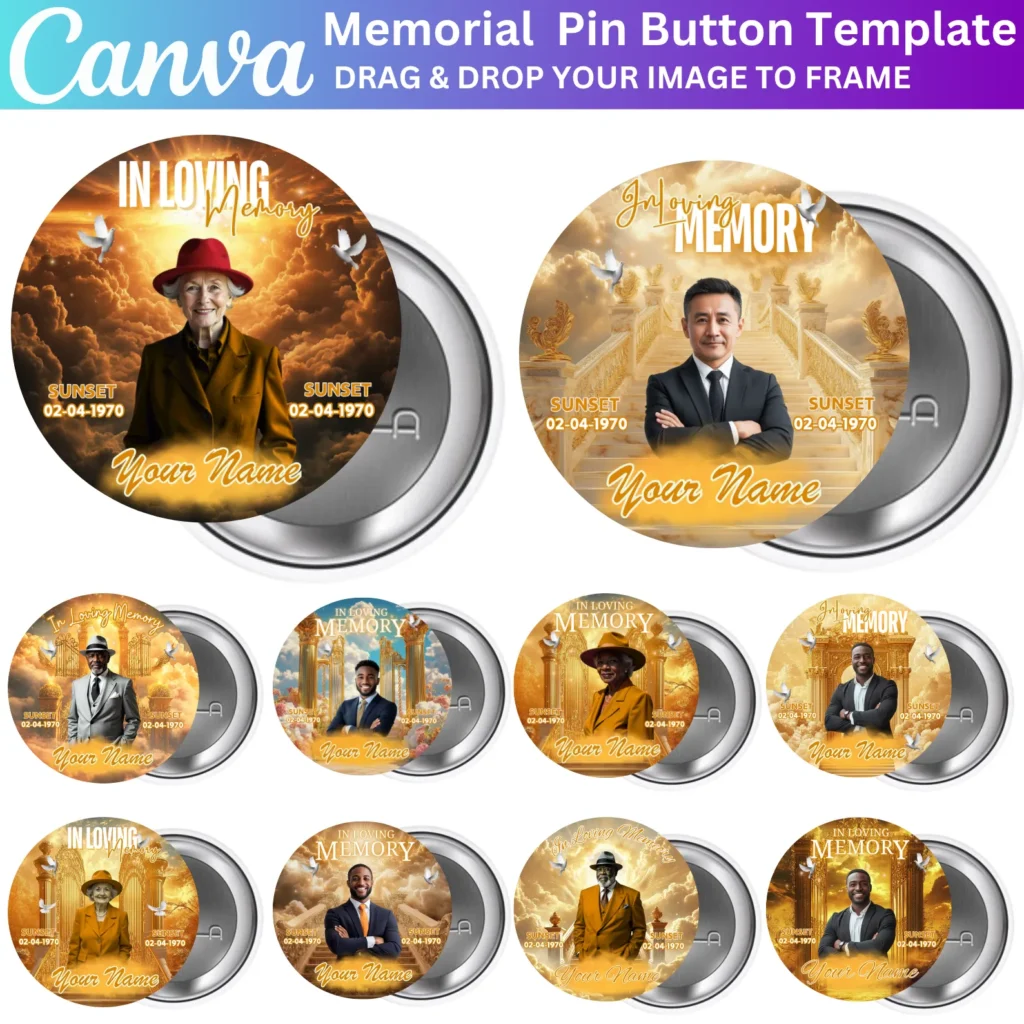 10 Memorial Yellow Pin Button Canva Editable Template, In Loving Memory Pin Button Canva Designs, Funeral Button Favors, RIP Designs Digital