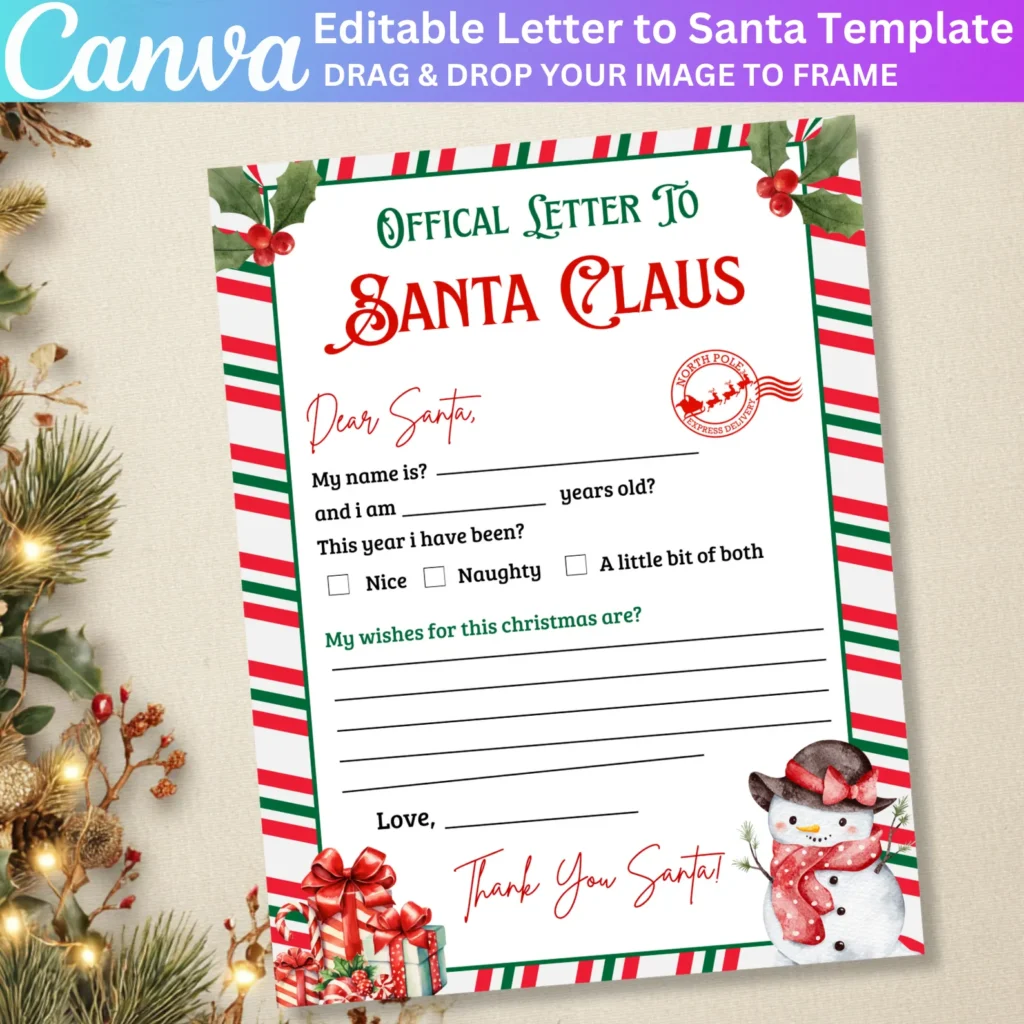 Letter To Santa Canva Template, Kids Letter To Santa, Holiday Printable Letter to Santa, Christmas Letter Printable Design, Digital Download