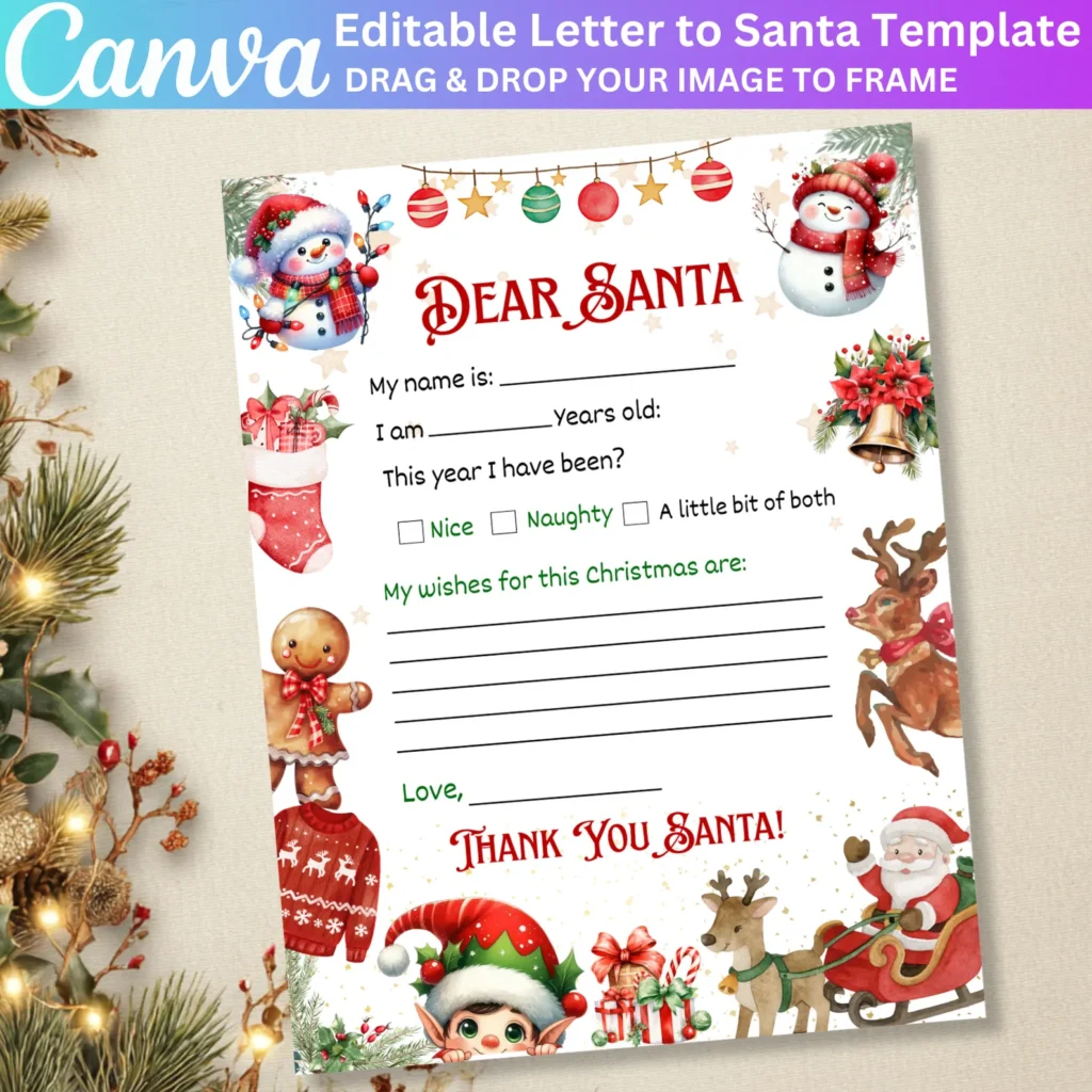 Letter To Santa Canva Template, Kids Letter To Santa, Holiday Printable Letter to Santa, Christmas Letter Printable Design, Digital Download