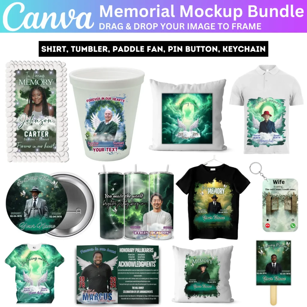 150+ Green Memorial Party Favor Canva Editable Bundle, Memorial Mockup Design, Pillow, Grave Blanket, Pin Button, Ribbon, Memorial Shirt Template
