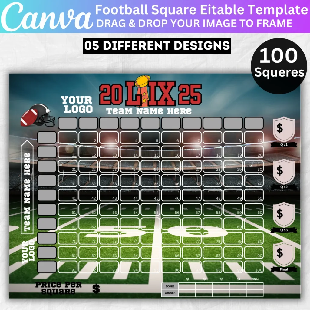 05 Football Squares Canva Editable Template, 100 Super Big Game Squares, Football Pool Fundraiser Template, Football Party Game