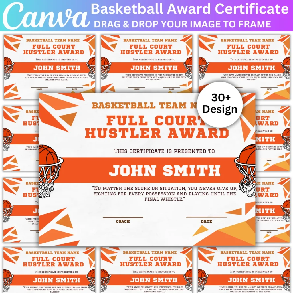 31 Basketball Awards Printable Canva Editable Template, End of Season, Year Basketball Team Award Certificates, Sports Basketball Template