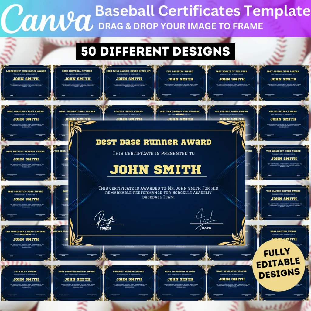 50 Baseball Certificates Canva Editable Template, Baseball Award Certificate, Personalized Award Baseball Team End Of Season Award Printable