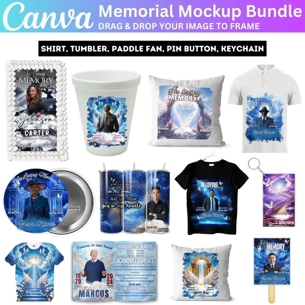 150+ Blue Memorial Party Favor Canva Editable Bundle, Memorial Mockup Design, Pillow, Grave Blanket, Pin Button, Ribbon, Memorial Shirt Template