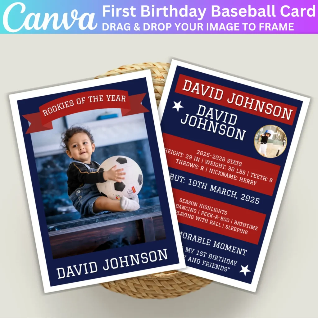 First Birthday Baseball Player Card Canva Template, Editable Baseball Party Invitation, Rookie of the Year 1st Birthday, Baseball Birthday