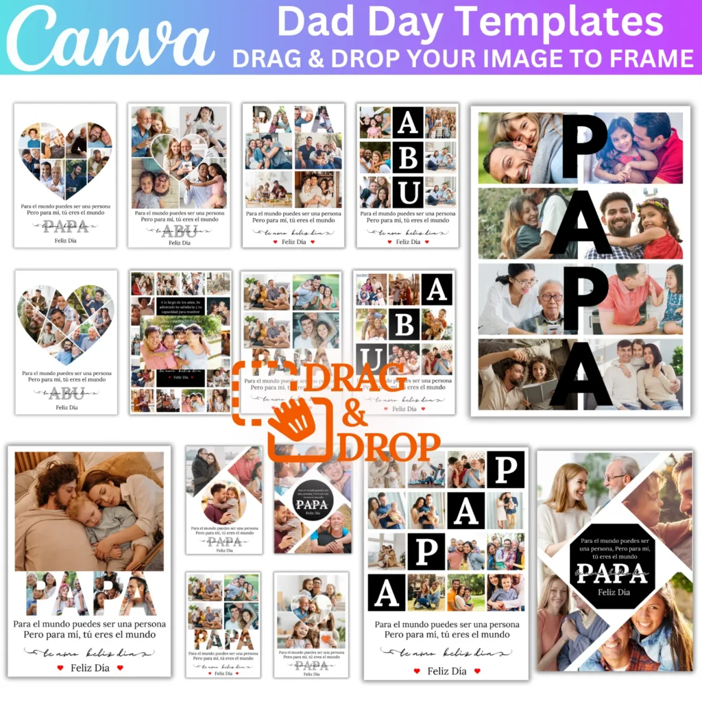15 Plantilla Editable de Marco para Papá en Canva, Impresión de Fotos para Papá, Collage de Fotos Editable para Pap,Marco de Fotos para Papá