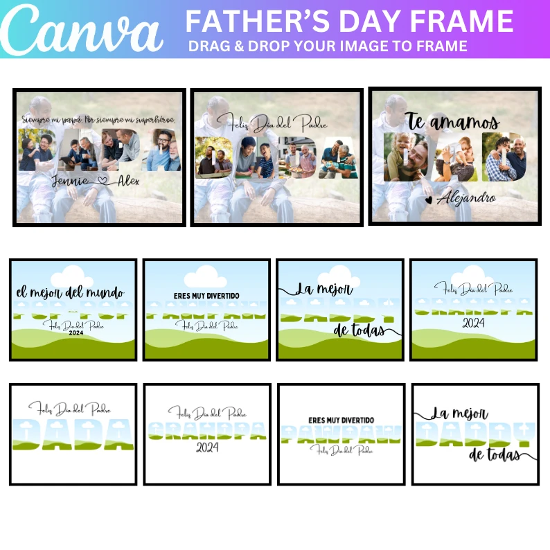 18 Plantilla Editable de Marco para Papá en Canva, Impresión de Fotos para Papá, Collage de Fotos Editable para Pap,Marco de Fotos para Papá