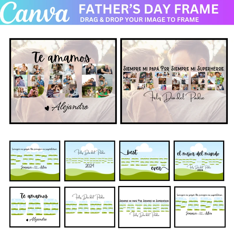 16 Plantilla Editable de Marco para Papá en Canva, Impresión de Fotos para Papá, Collage de Fotos Editable para Pap,Marco de Fotos para Papá