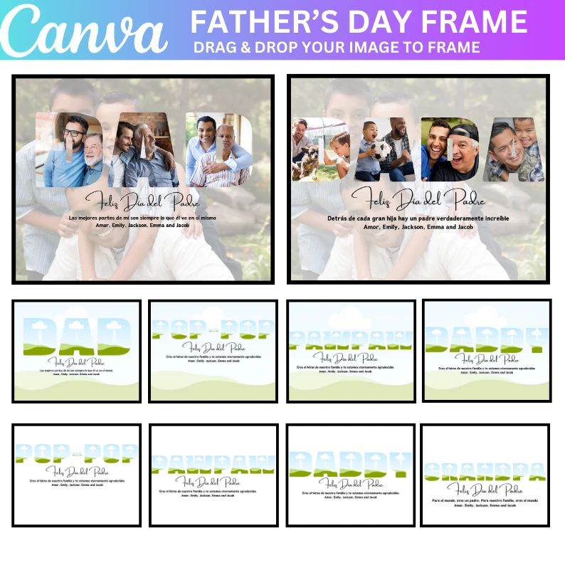 16 Plantilla Editable de Marco para Papá en Canva, Impresión de Fotos para Papá, Collage de Fotos Editable para Pap,Marco de Fotos para Papá