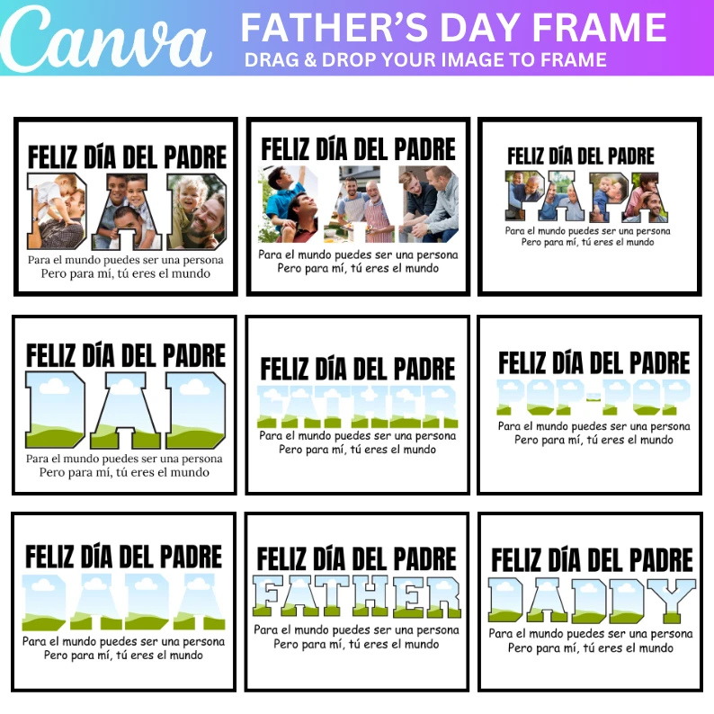 16 Plantilla Editable de Marco para Papá en Canva, Impresión de Fotos para Papá, Collage de Fotos Editable para Pap,Marco de Fotos para Papá