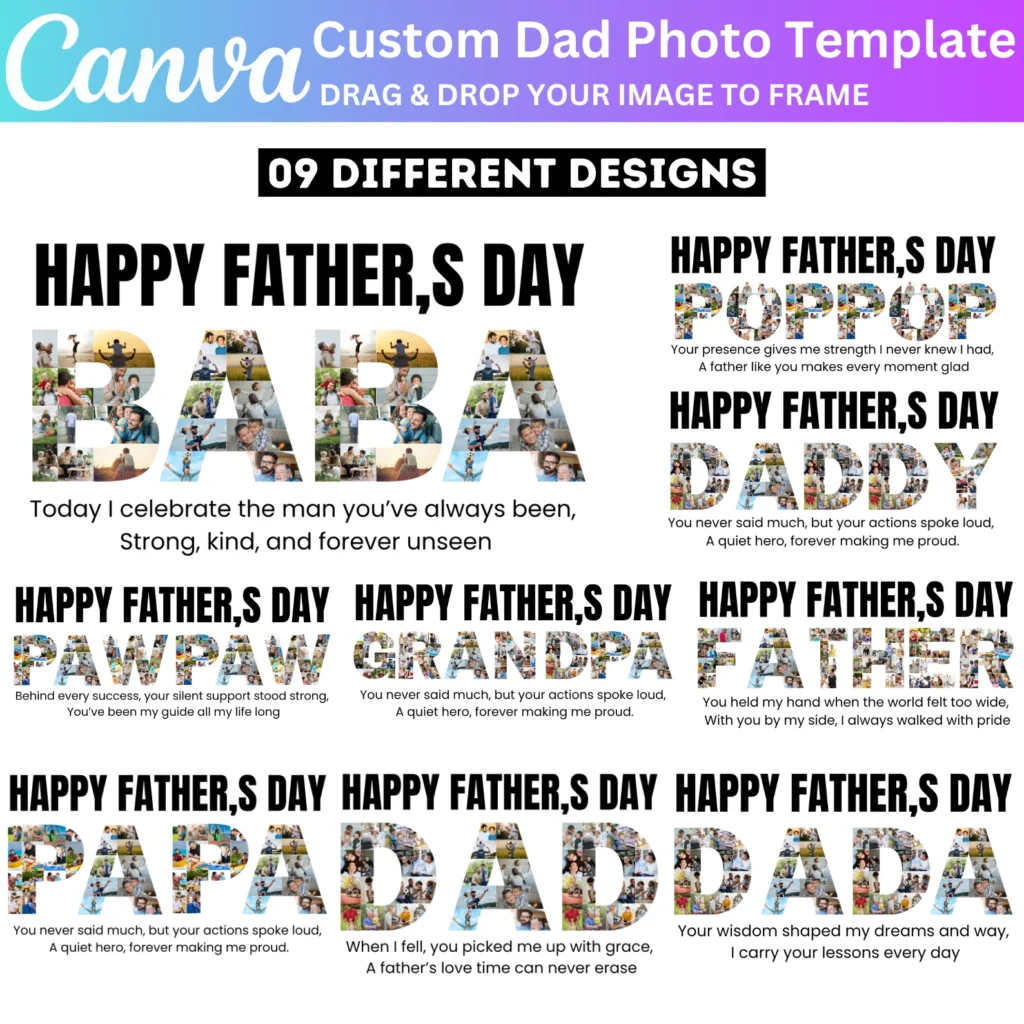 09 Daddy Canva Editable Template Bundle, Papa Photo Collage, Papa Photo Frame, Daddy Photo Print, Fathers Day Gift, Grandpa Gift Digital File