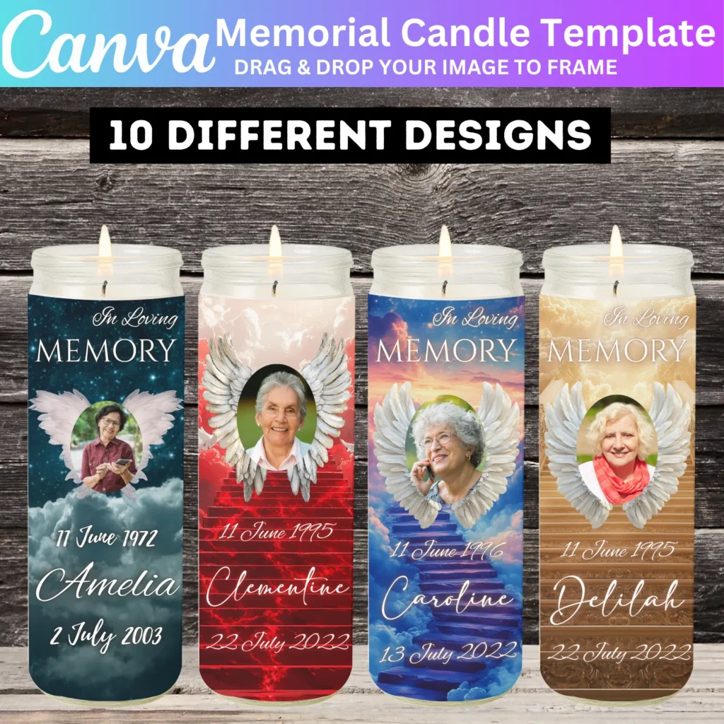 10 Memorial Candle Sticker Label Template, Remembrance Candle Stairway to Heaven, RIP Pillar Wrap, In Loving Memory Candle Printable Designs