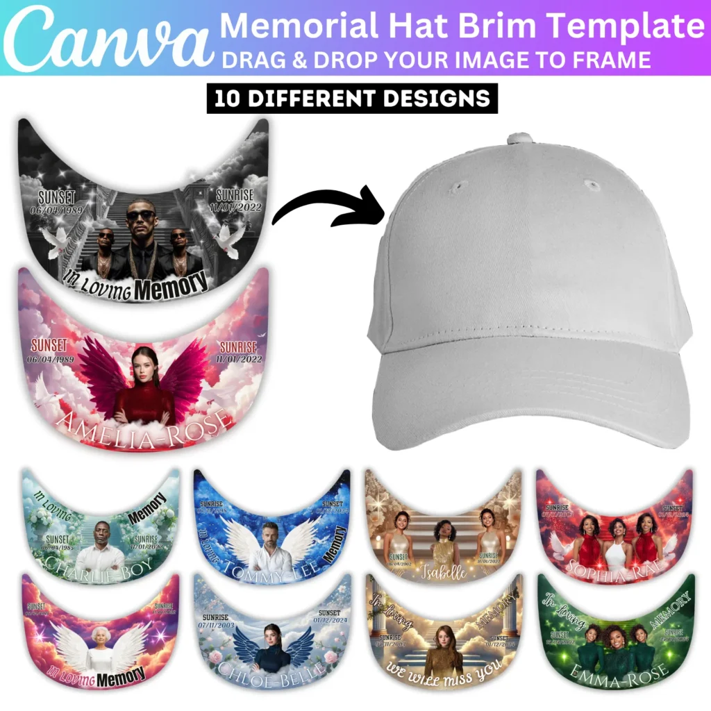 10 Memorial Hat Brim Canva Editable Template, In Loving Memory Hat Brim Template, Funeral Hat Brim With Photos, Personalized Hat Brim